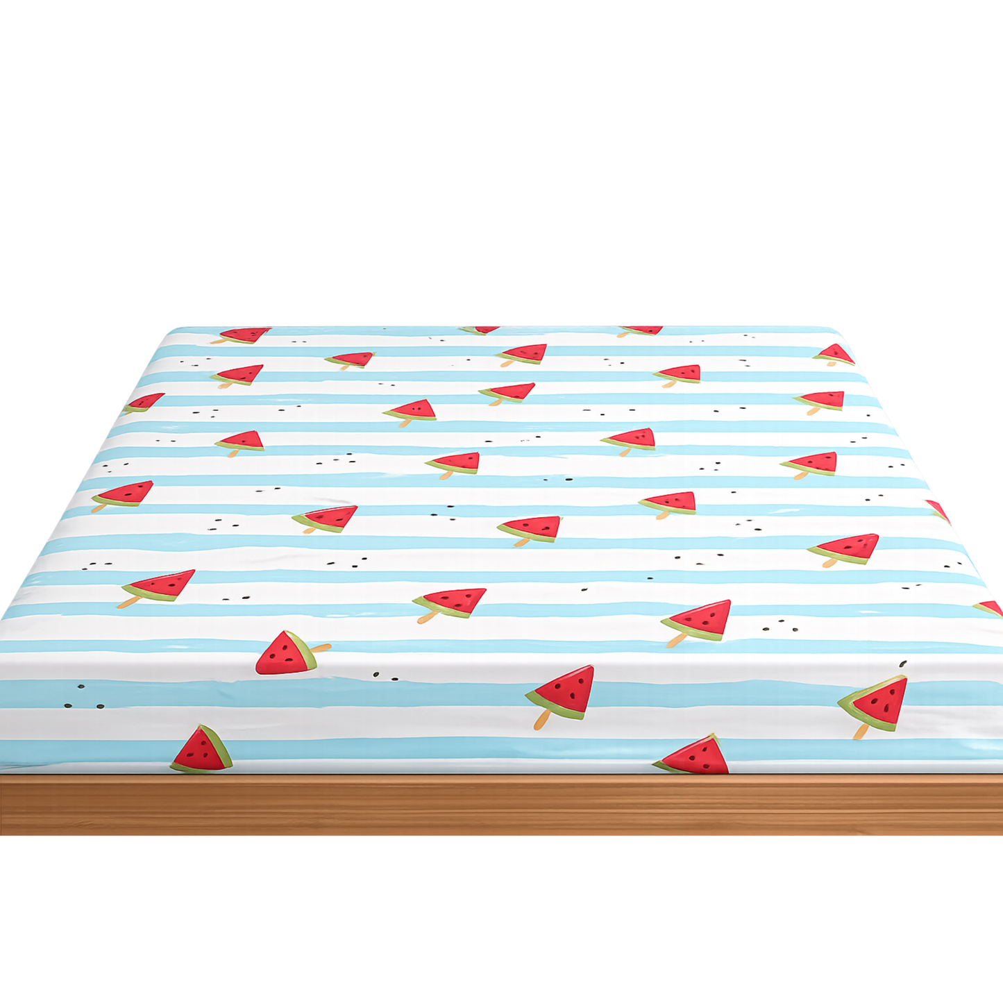 Blue Stripe Watermelon Print Double Bedsheet with 2 Pillow Covers | Soft Cotton Kids Bedding Set