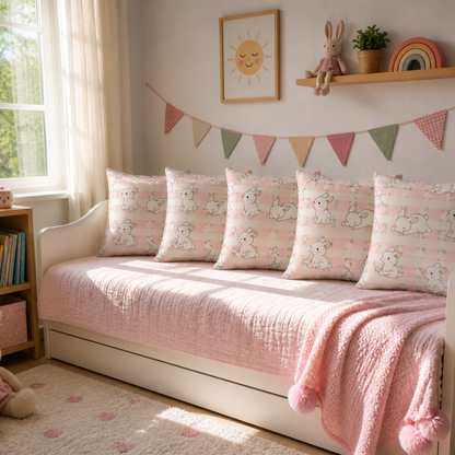 Cute Bunny Kids Cushion Cover Set of 5 – 16x16 Inch Soft Pastel Rabbit Print Decorative Cushions for Nursery & Kids Room