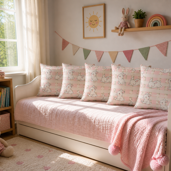 Cute Bunny Kids Cushion Cover Set of 5 – 16x16 Inch Soft Pastel Rabbit Print Decorative Cushions for Nursery & Kids Room