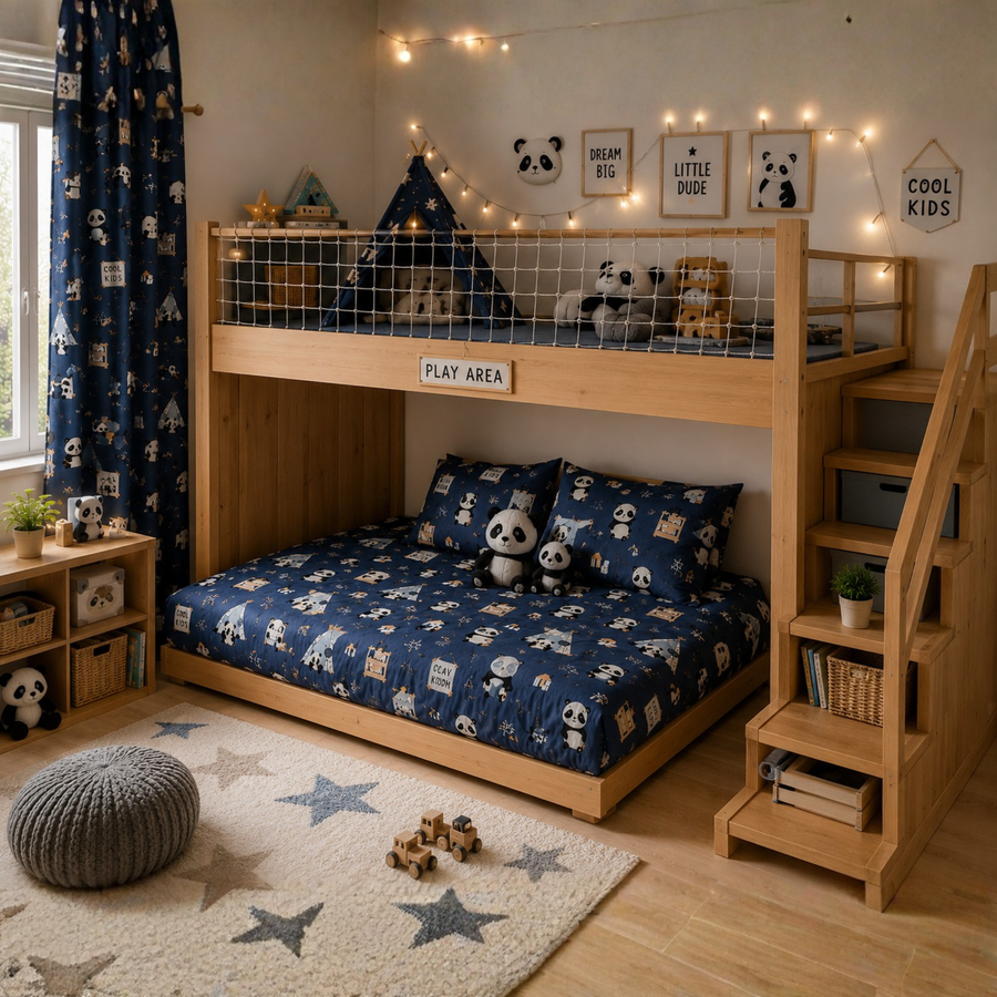 Navy Panda Adventure Kids Diwan Set – 8 Pieces Cotton Sofa Cum Bed Set for Kids Room & Play Corner