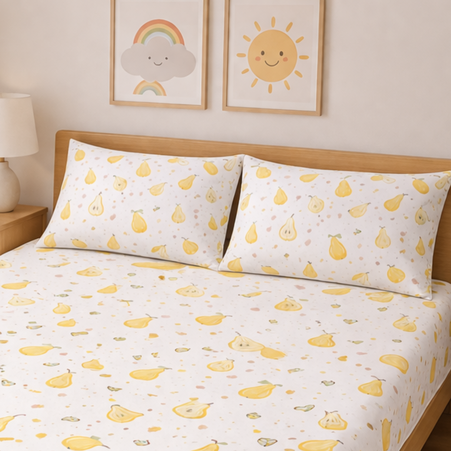 Yellow Pear Print Double Bedsheet with 2 Pillow Covers | Soft Cotton Bedsheet Set (White Multicolor)