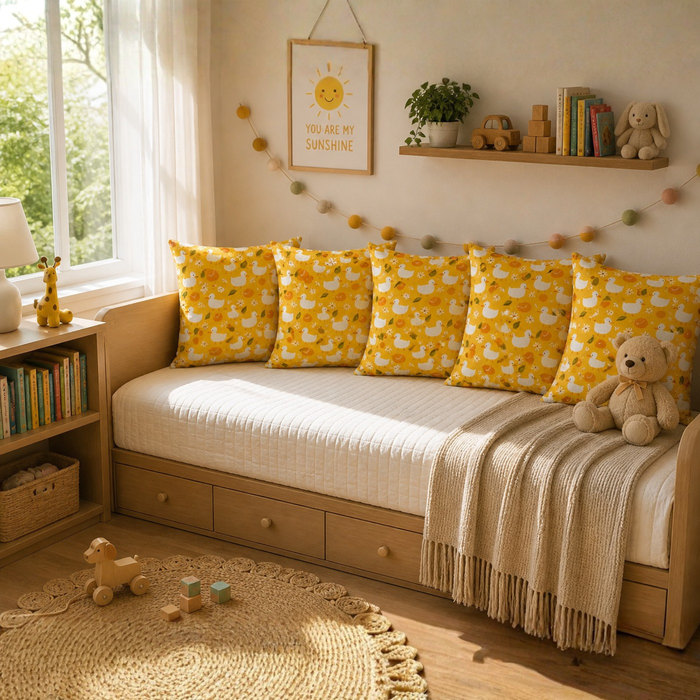 Cute Duck Kids Cushion Cover Set of 5 – 16x16 Inch Soft Cotton Decorative Cushions for Nursery & Kids Room