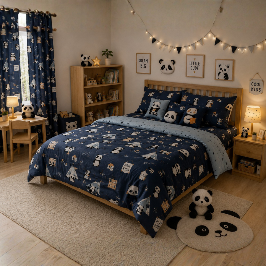 Navy Blue Cute Panda Born Fire Print Single Bedsheet with 1 Pillow Cover | Soft Cotton Cute Bedding Set
