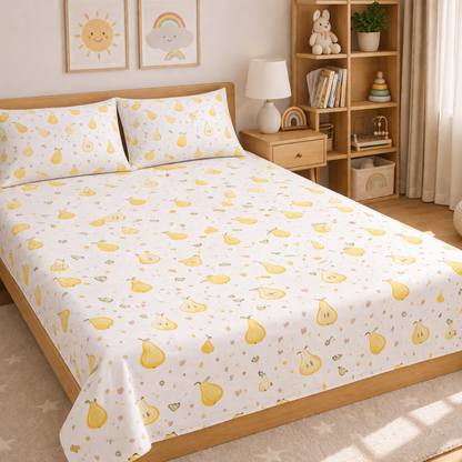 Yellow Pear Print Double Bedsheet with 2 Pillow Covers | Soft Cotton Bedsheet Set (White Multicolor)