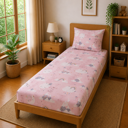 Pink Moon and Star Print Single Bedsheet with 1 Pillow Cover | Soft Cotton Kids Bedding Set
