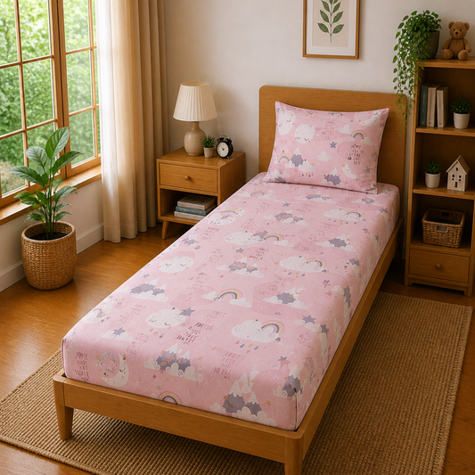 Pink Moon and Star Print Single Bedsheet with 1 Pillow Cover | Soft Cotton Kids Bedding Set