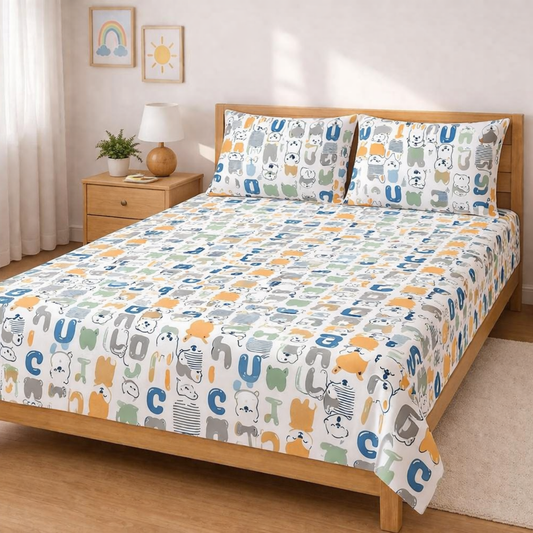 Multicolor Alphabetical Print Double Bedsheet with 2 Pillow Covers | Soft Cotton Kids Bedding Set
