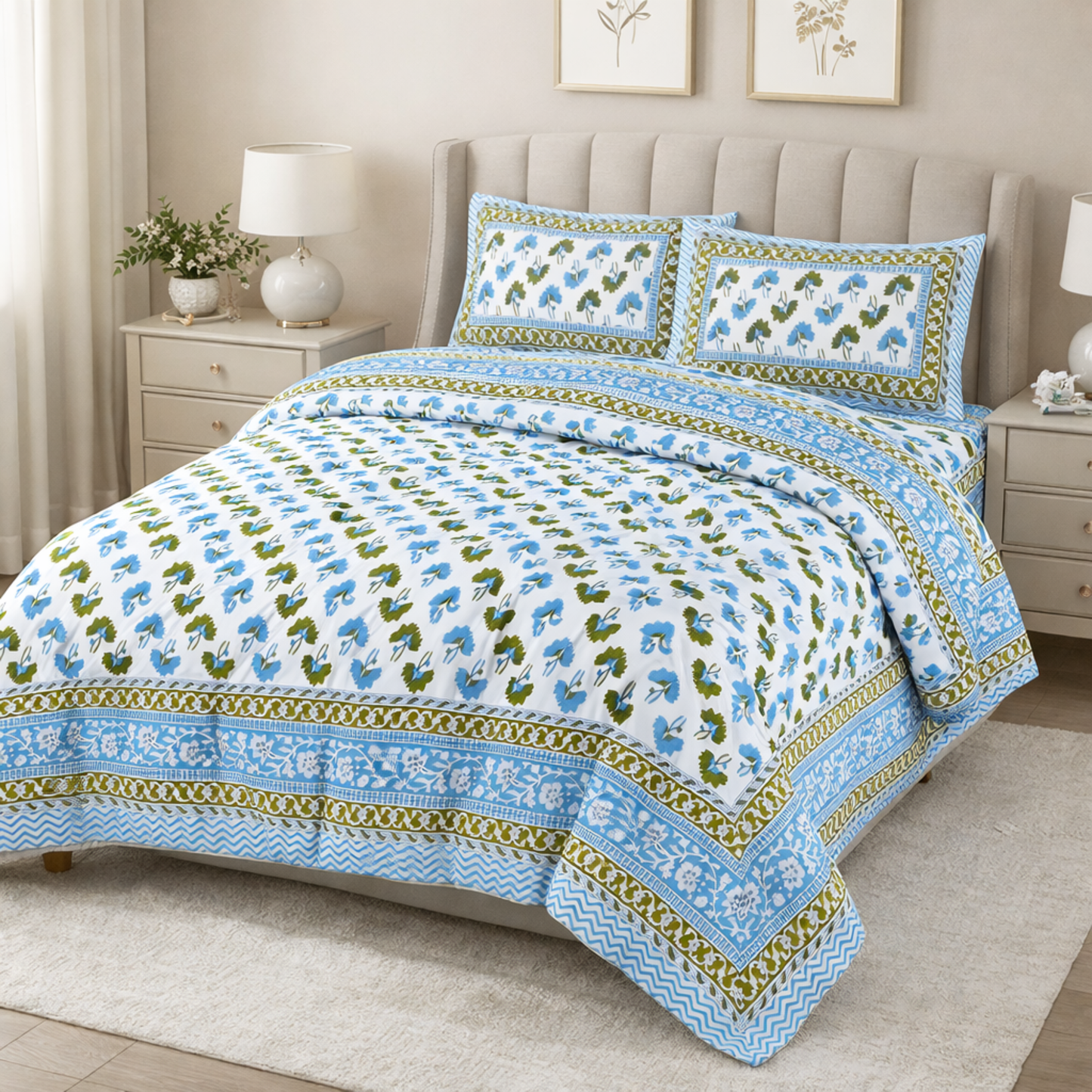 Jaipuri Handblock Print 6 Pc Comforter Set – Pure Cotton Premium Bedding