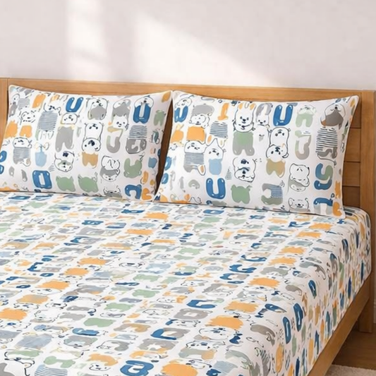 Multicolor Alphabetical Print Double Bedsheet with 2 Pillow Covers | Soft Cotton Kids Bedding Set