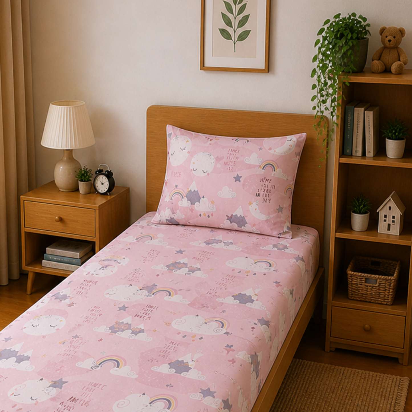 Pink Moon and Star Print Single Bedsheet with 1 Pillow Cover | Soft Cotton Kids Bedding Set