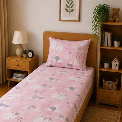 Pink Moon and Star Print Single Bedsheet with 1 Pillow Cover | Soft Cotton Kids Bedding Set