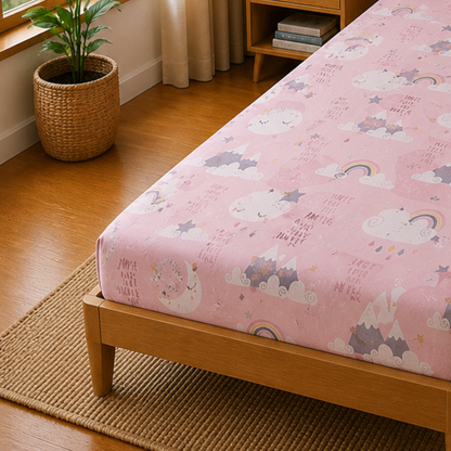 Pink Moon and Star Print Single Bedsheet with 1 Pillow Cover | Soft Cotton Kids Bedding Set