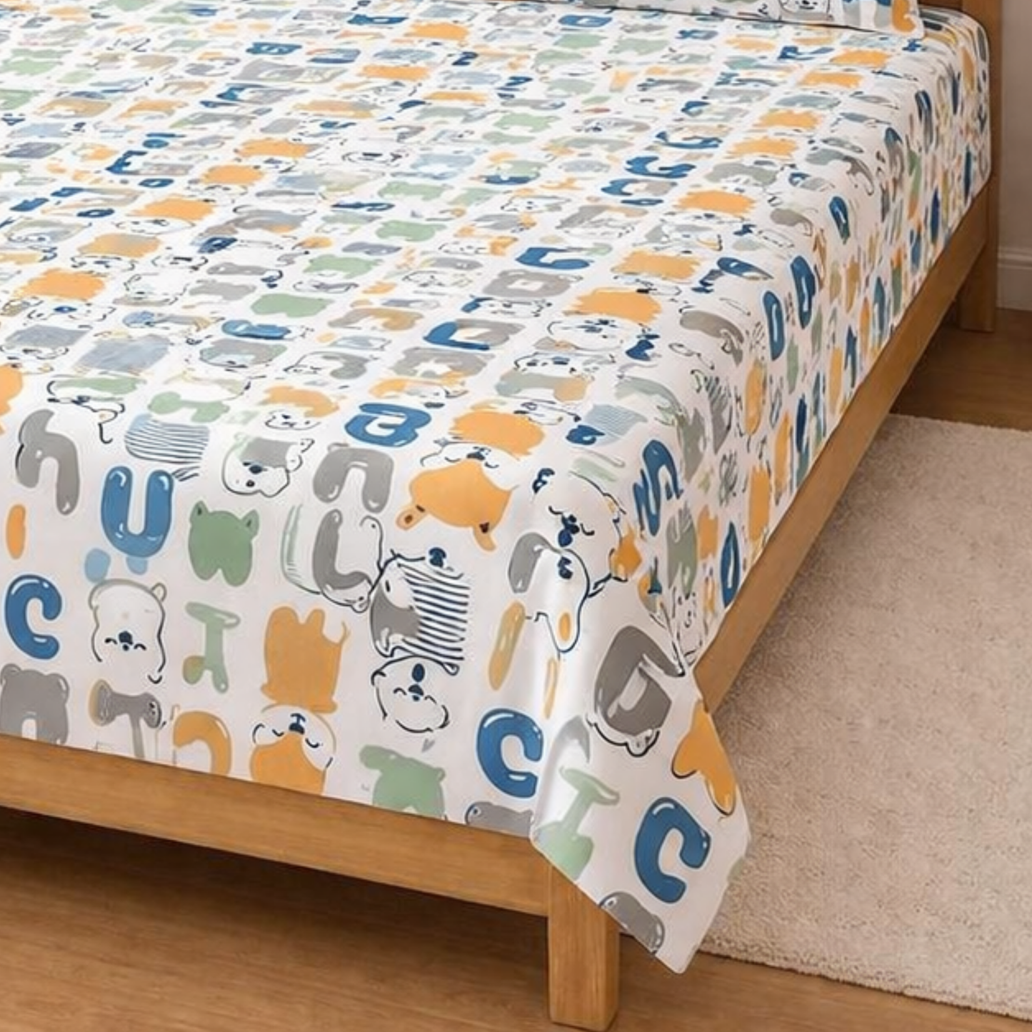 Multicolor Alphabetical Print Double Bedsheet with 2 Pillow Covers | Soft Cotton Kids Bedding Set