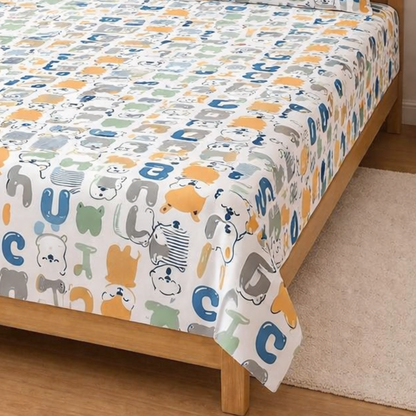 Multicolor Alphabetical Print Double Bedsheet with 2 Pillow Covers | Soft Cotton Kids Bedding Set