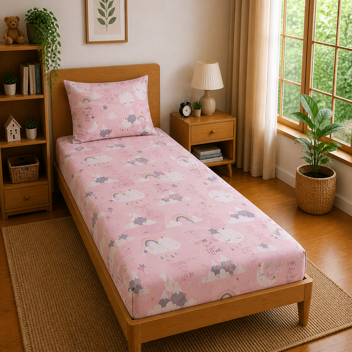 Pink Moon and Star Print Single Bedsheet with 1 Pillow Cover | Soft Cotton Kids Bedding Set