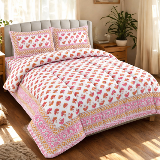 6 Piece Pure Cotton Comforter Set with Jaipuri Handblock Prints