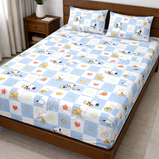 Blue Snoopy Print Double Bedsheet with 2 Pillow Covers | Soft Cotton Kids Bedding Set