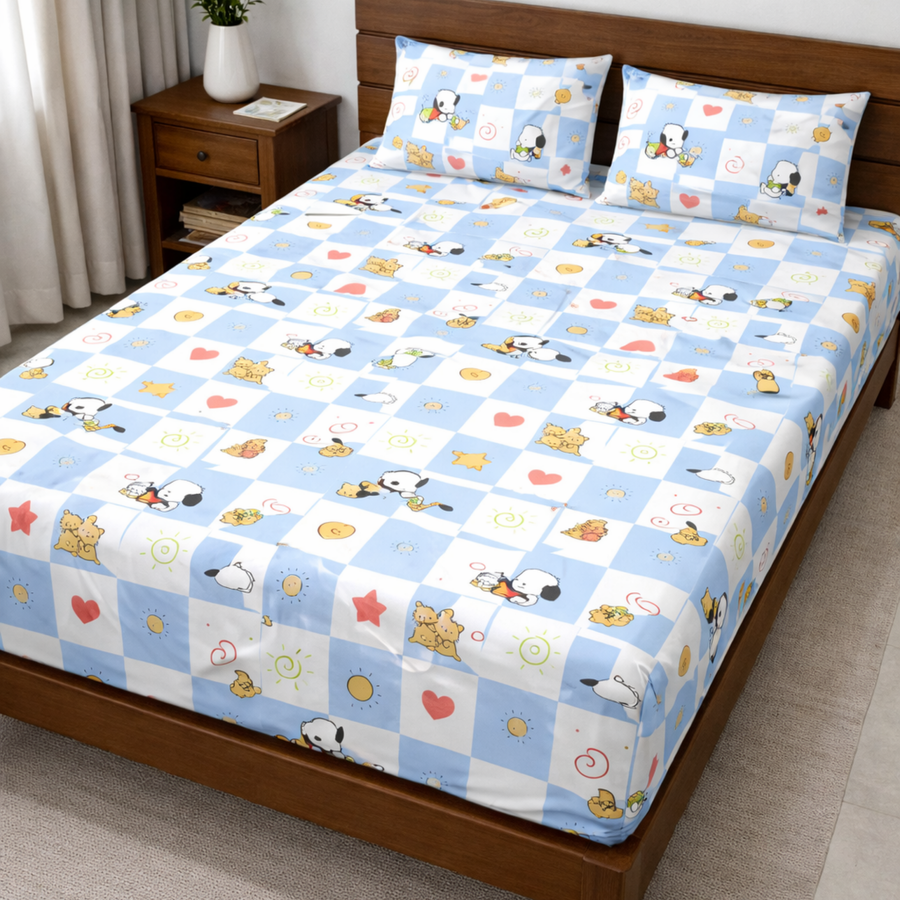 Blue Snoopy Print Double Bedsheet with 2 Pillow Covers | Soft Cotton Kids Bedding Set