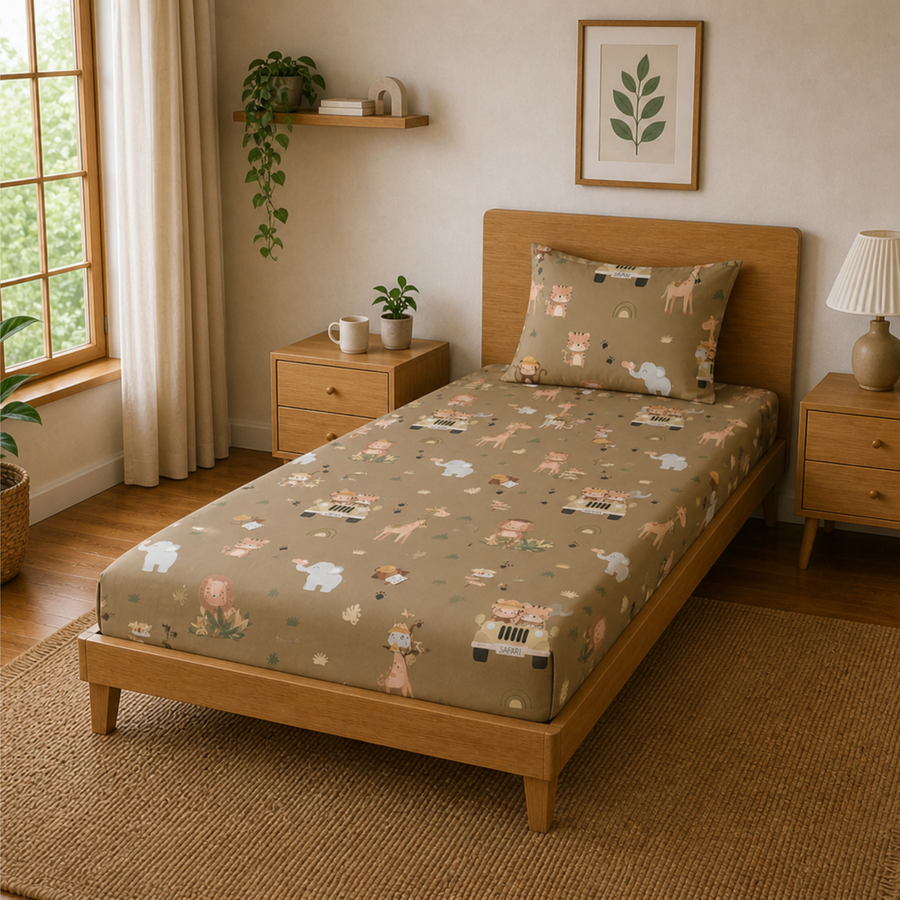 Forest Animal Print Single Bedsheet with 1 Pillow Cover | Soft Cotton Kids Bedding Set (Beige Multicolor)