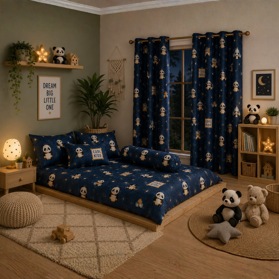 Navy Blue Cute Panda Born Fire Print Single Bedsheet with 1 Pillow Cover | Soft Cotton Cute Bedding Set