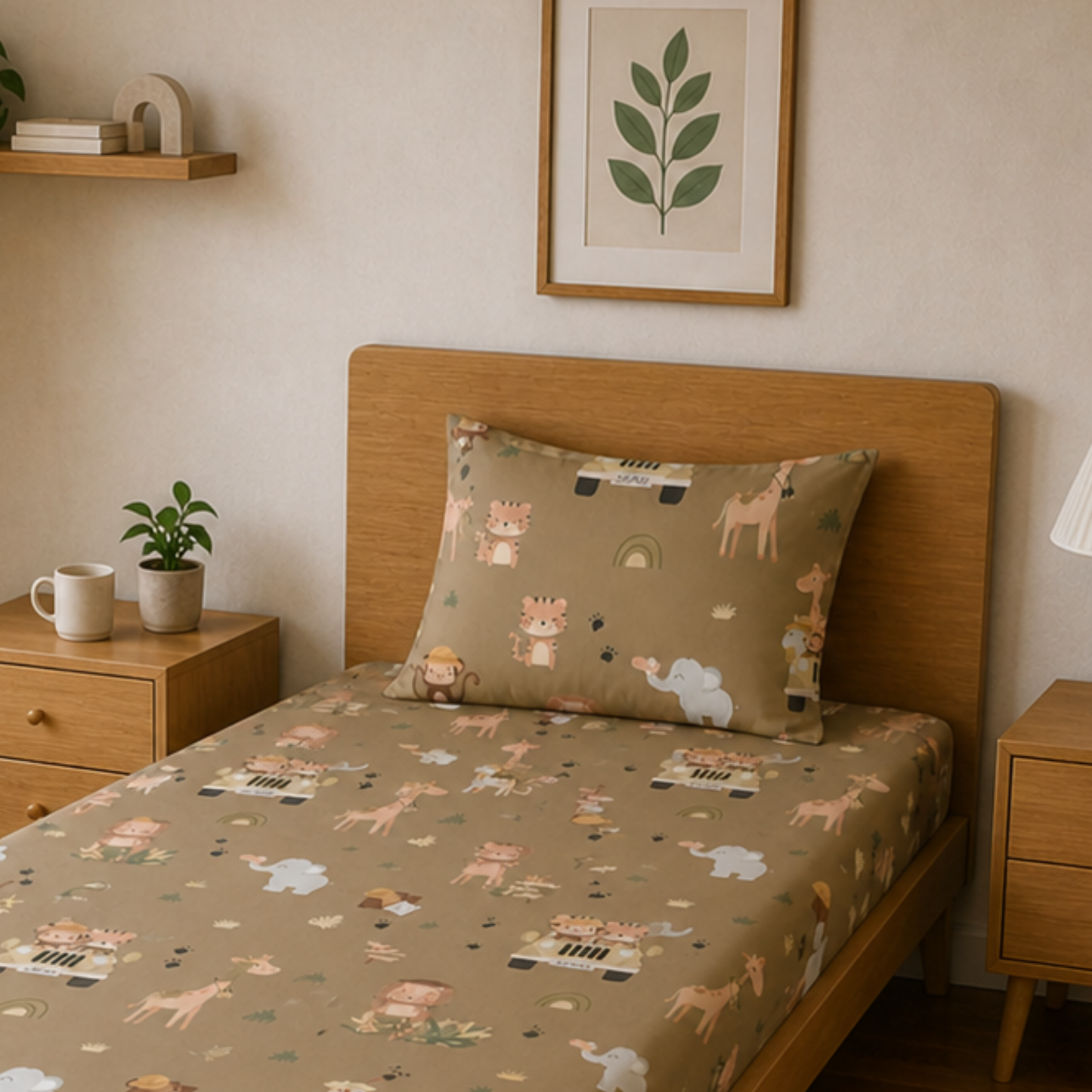 Forest Animal Print Single Bedsheet with 1 Pillow Cover | Soft Cotton Kids Bedding Set (Beige Multicolor)