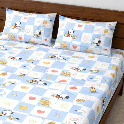 Blue Snoopy Print Double Bedsheet with 2 Pillow Covers | Soft Cotton Kids Bedding Set