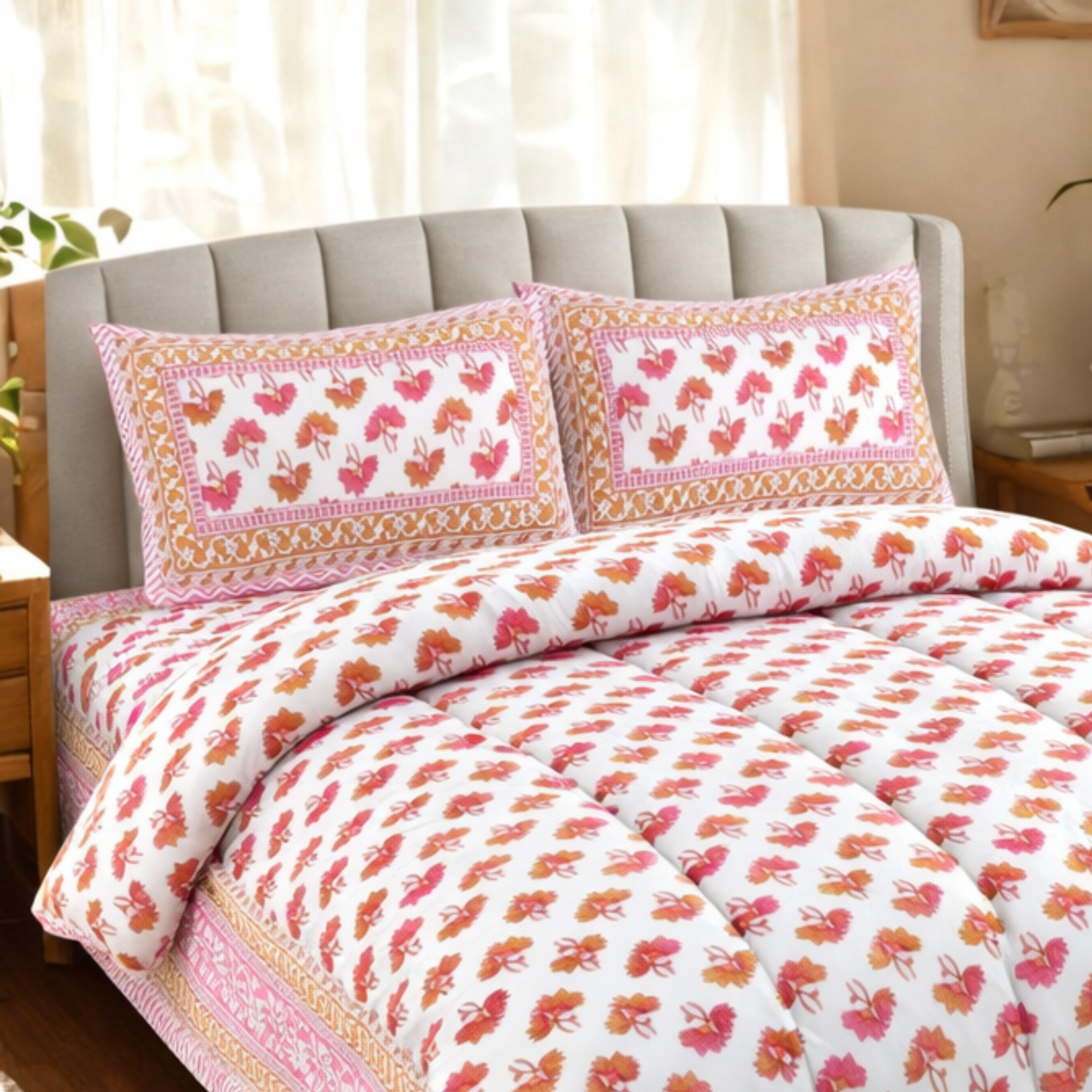 6 Piece Pure Cotton Comforter Set with Jaipuri Handblock Prints