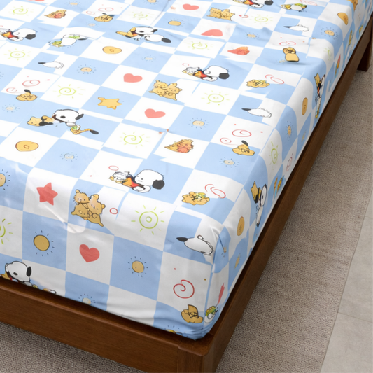 Blue Snoopy Print Double Bedsheet with 2 Pillow Covers | Soft Cotton Kids Bedding Set