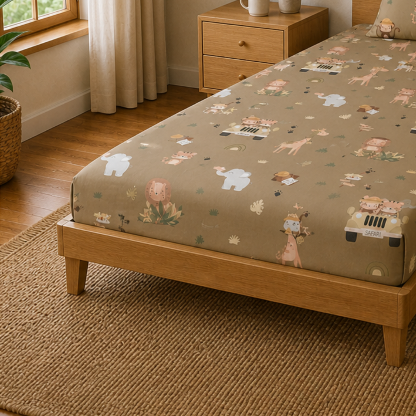 Forest Animal Print Single Bedsheet with 1 Pillow Cover | Soft Cotton Kids Bedding Set (Beige Multicolor)