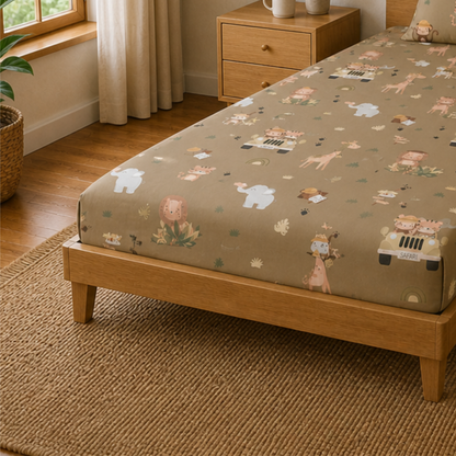 Forest Animal Print Single Bedsheet with 1 Pillow Cover | Soft Cotton Kids Bedding Set (Beige Multicolor)