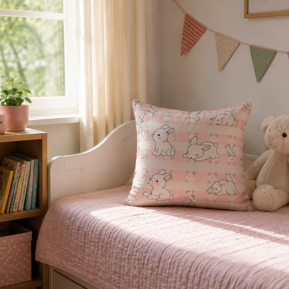 Cute Bunny Kids Cushion Cover Set of 5 – 16x16 Inch Soft Pastel Rabbit Print Decorative Cushions for Nursery & Kids Room