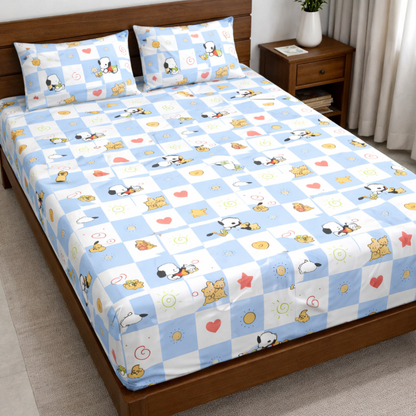 Blue Snoopy Print Double Bedsheet with 2 Pillow Covers | Soft Cotton Kids Bedding Set