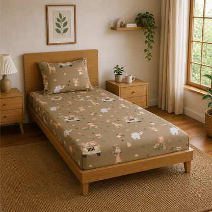 Forest Animal Print Single Bedsheet with 1 Pillow Cover | Soft Cotton Kids Bedding Set (Beige Multicolor)