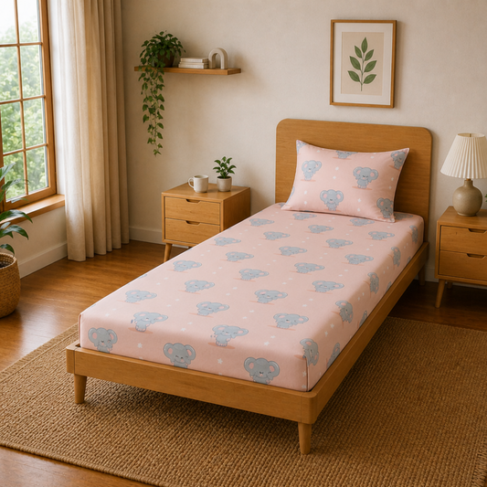 Peach Cute Elephant & Floral Print Single Bedsheet with 1 Pillow Cover | Soft Cotton Kids Bedding Set