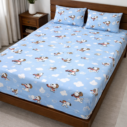 Blue Snoopy Character Print Double Bedsheet with 2 Pillow Covers | Soft Cotton Kids Bedding Set