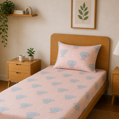 Peach Cute Elephant & Floral Print Single Bedsheet with 1 Pillow Cover | Soft Cotton Kids Bedding Set