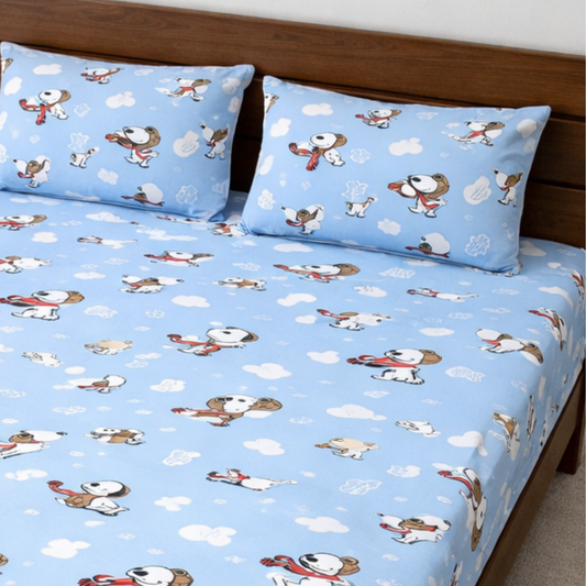 Blue Snoopy Character Print Double Bedsheet with 2 Pillow Covers | Soft Cotton Kids Bedding Set