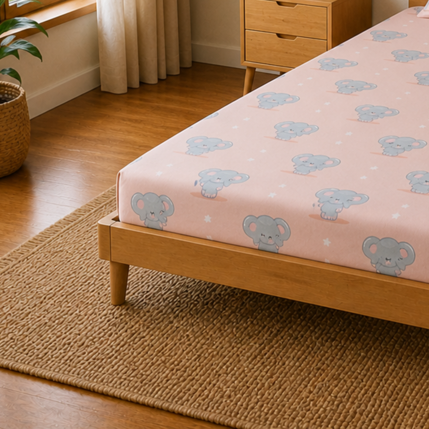 Peach Cute Elephant & Floral Print Single Bedsheet with 1 Pillow Cover | Soft Cotton Kids Bedding Set