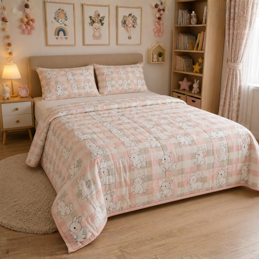 Pink Cute Rabbit Print Single Bedsheet with 1 Pillow Cover | Soft Cotton Kids Bedding Set