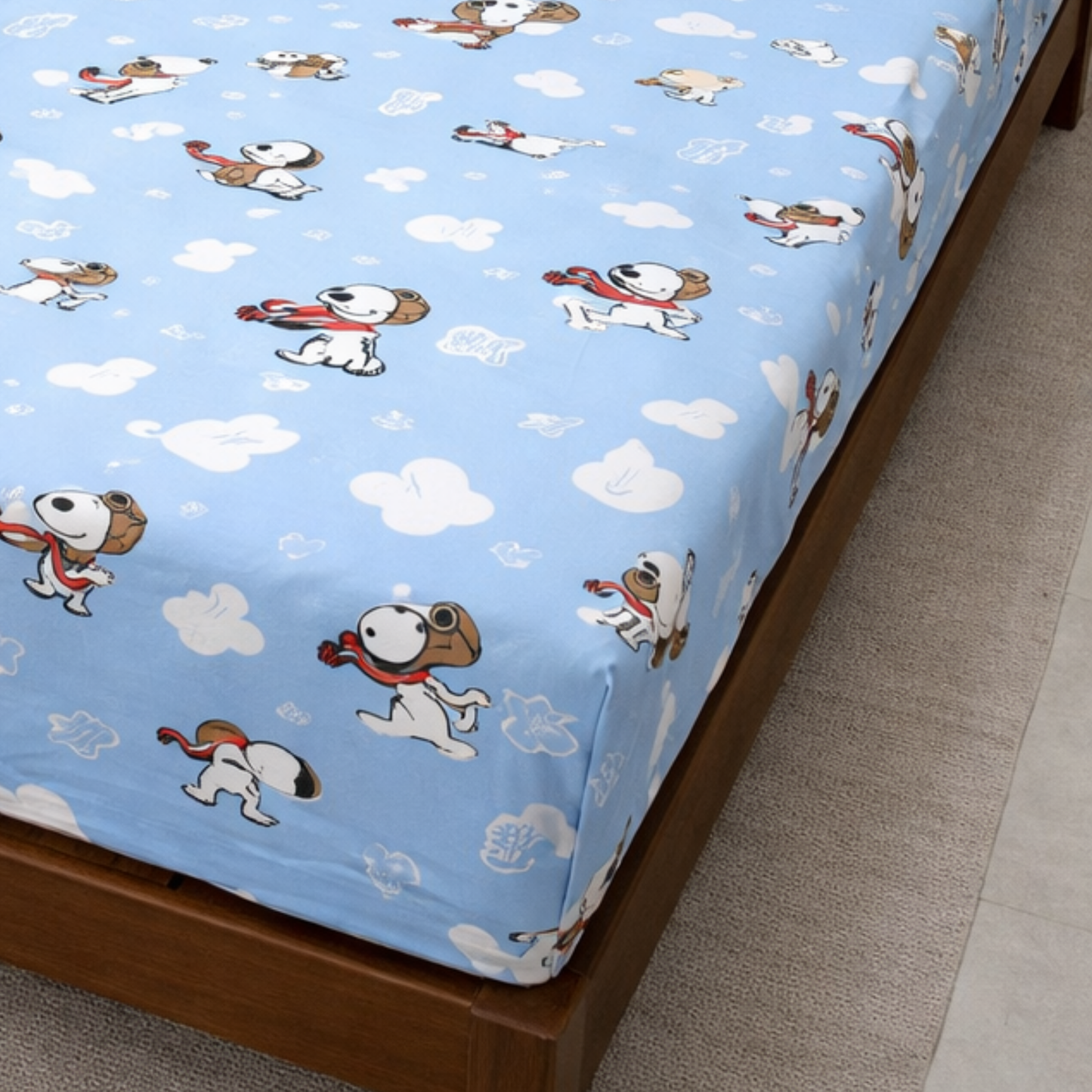 Blue Snoopy Character Print Double Bedsheet with 2 Pillow Covers | Soft Cotton Kids Bedding Set