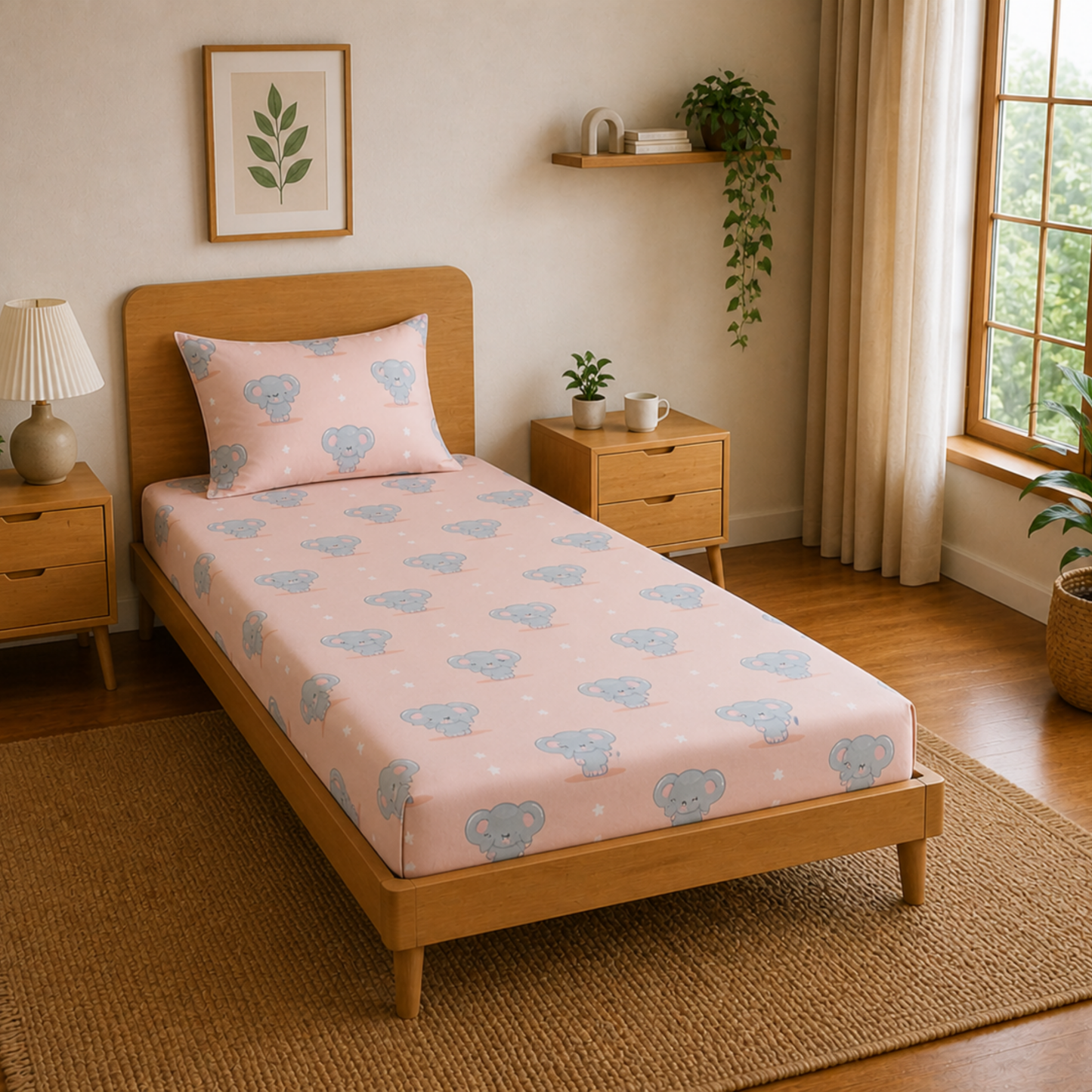Peach Cute Elephant & Floral Print Single Bedsheet with 1 Pillow Cover | Soft Cotton Kids Bedding Set