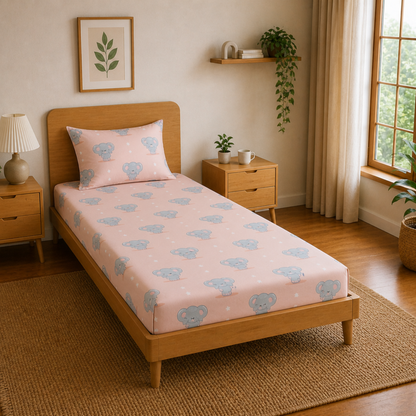 Peach Cute Elephant & Floral Print Single Bedsheet with 1 Pillow Cover | Soft Cotton Kids Bedding Set