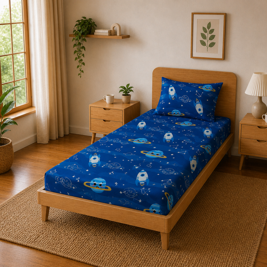 Blue Solar System Print Single Bedsheet with 1 Pillow Cover | Soft Cotton Kids Bedding Set