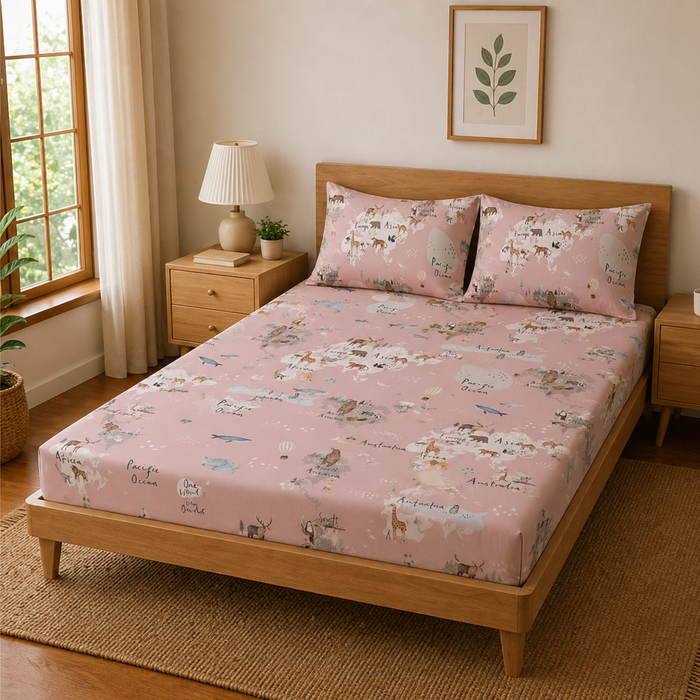 World Map Print Double Bedsheet with 2 Pillow Covers | Soft Cotton Summer Bedding Set (Green)
