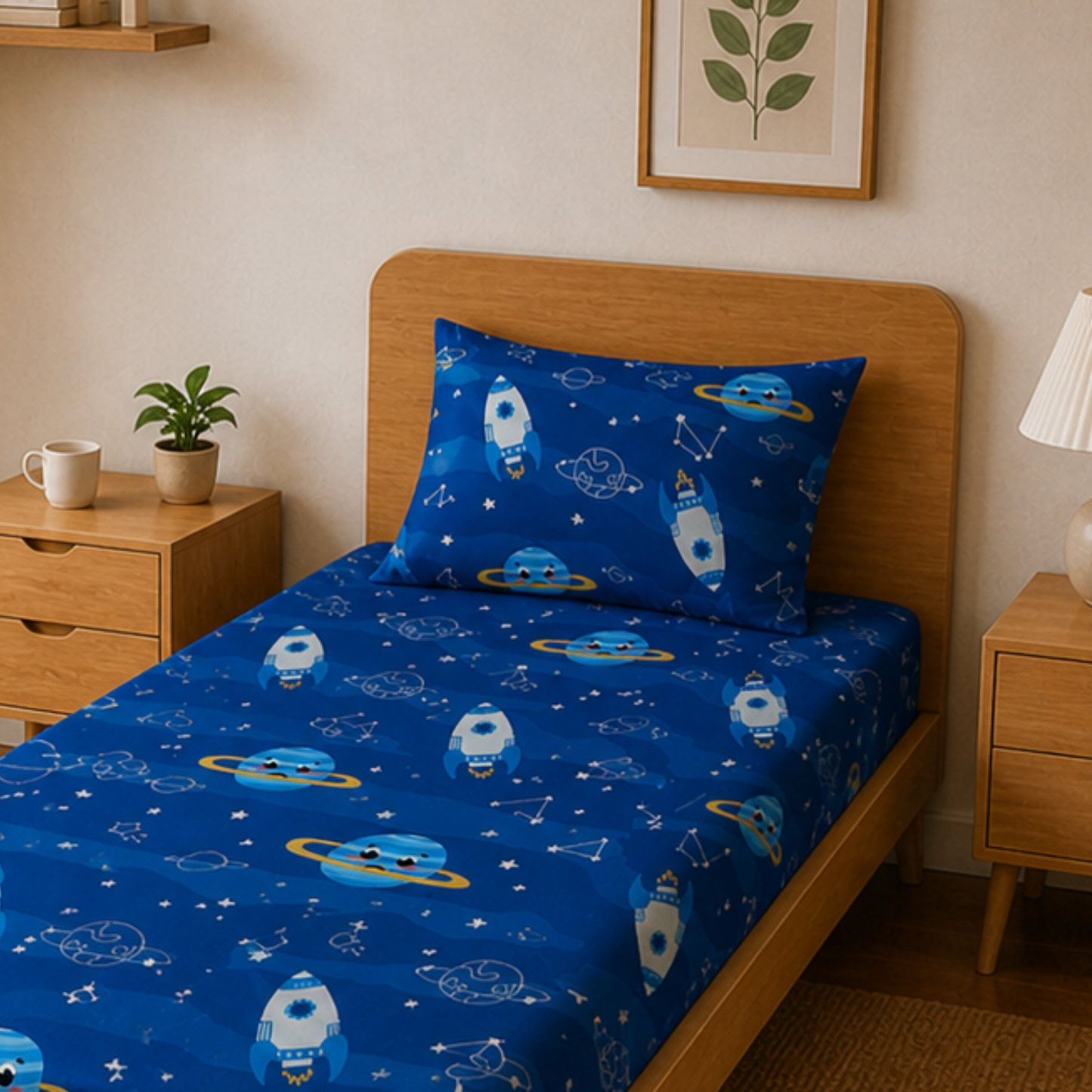 Blue Solar System Print Single Bedsheet with 1 Pillow Cover | Soft Cotton Kids Bedding Set