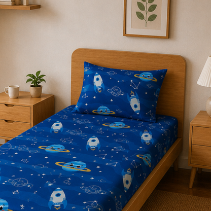 Blue Solar System Print Single Bedsheet with 1 Pillow Cover | Soft Cotton Kids Bedding Set