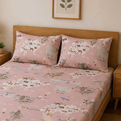 World Map Print Double Bedsheet with 2 Pillow Covers | Soft Cotton Summer Bedding Set (Green)