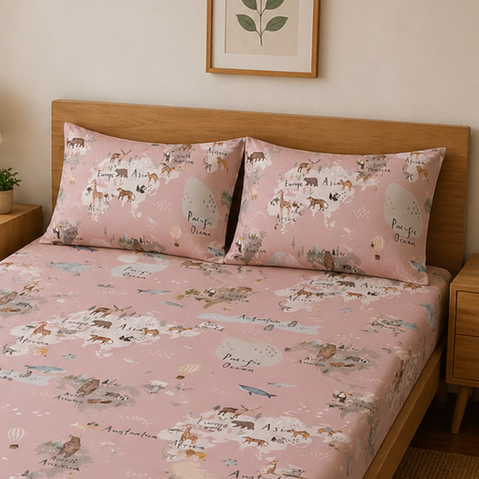 World Map Print Double Bedsheet with 2 Pillow Covers | Soft Cotton Summer Bedding Set (Green)