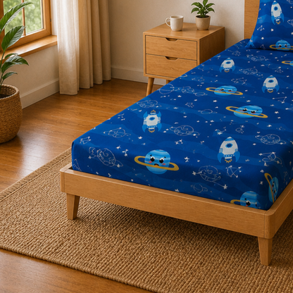Blue Solar System Print Single Bedsheet with 1 Pillow Cover | Soft Cotton Kids Bedding Set
