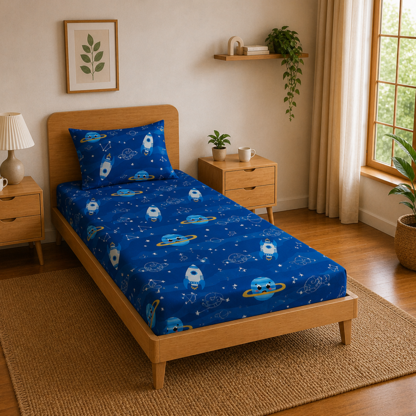 Blue Solar System Print Single Bedsheet with 1 Pillow Cover | Soft Cotton Kids Bedding Set